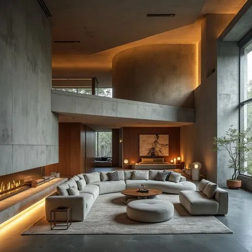 a modern living room with a brutalist architectural style, using contemporary concrete interior architecture design warm lighting contrasting with cold concrete, arriflex 35 bl camera, canon k35 prime