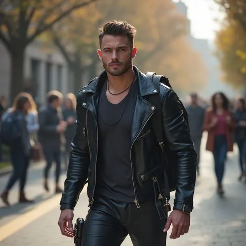an insanely handsome muscular college professor, who is an immortal werewolf, wearing leather jacket, tank top, and leather pants, on campus, wearing smartwatch, boots, backpack






















