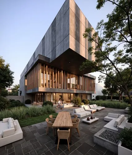 A modern house with a bold cantilevered concrete cube design, featuring vertical wooden slats, large glass walls, a lush garden, and an outdoor seating area with contemporary furniture.,a large stone 