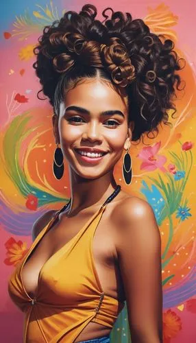there two cute black girls wearing a big smile and a choker necklace. The background is painted in the style of Frida Kahlo,an artistically painted woman in front of a floral painting,portrait backgro