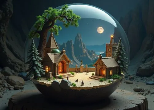 **32k HD wallpaper, High-quality, HDR smart, photo-realistic, high definition, hyper-realistic, Full-shot, Super-designed model kit of a festive miniature Christmas village, set inside a clear glass b