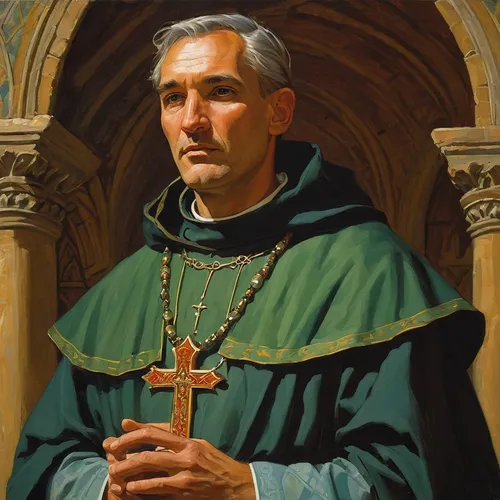 Make a middle-age priest make him with  medieval clothes,auxiliary bishop,carmelite order,nuncio,the abbot of olib,benediction of god the father,portrait of christi,saint pierre,saint patrick,saint il