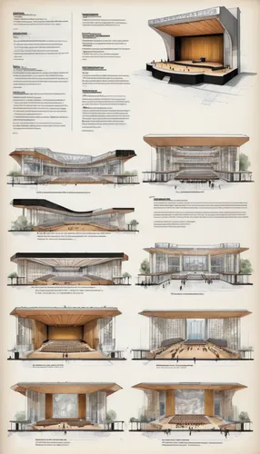  an architectural competition board of a project of modern theatre hall and oncert hall and performance art center, sketchbook style, layout of studies on the page, mixture of black and white hand dra