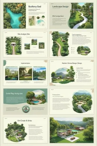Create a single cohesive slide showing the entire landscape design process. Display a sequence of five stages: site analysis, concept development, design planning, implementation, and final review & m