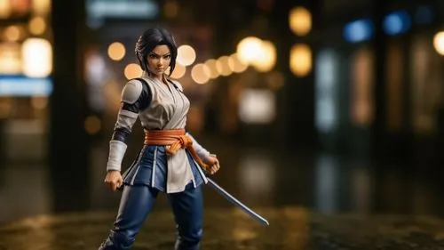 Ultra-réaliste, hyperdétaillé, photoréaliste, photographie macro, figurine d'action, Play Arts Kai, Rukia Kuchiki (réimaginée), Street Fighter style, éclairage de studio, faible profondeur de champ, b