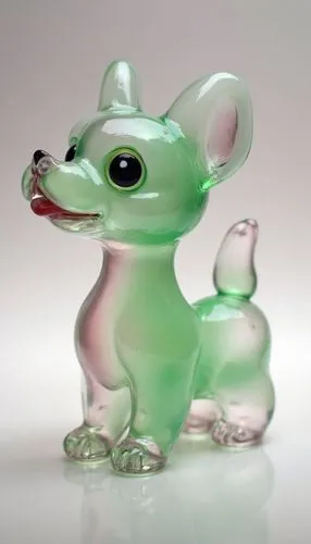 [dog] figurine by glass, in the style of layered translucency, [green] and [pink], Light], 20 megapixels, transparency,a green glass figurine with a small dog in front,frog figure,jazz frog garden orn