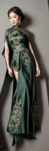 dark green cheongsam-style gown with embroidery details, center split skirt, and capelet,dress doll,raw silk,overskirt,doll dress,dress form,image manipulation,evening dress,cloth doll,sewing notions,
