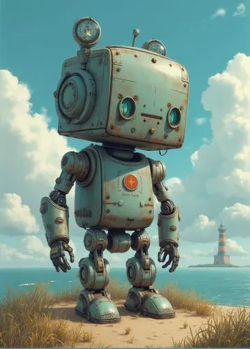 Cute Cartoon Robot Building A Lighthouse Art By Goro Fujita And Simon Stalenhag, Trending On Artstation, Hyper Detailed, Cinematic, Intricate Details, Artgerm..,an image of a cartoon character on top 