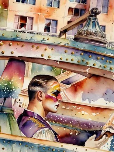 Мужчина в театральном костюме и гриме,this is a painting of a woman with makeup on,watercolor background,watercolor painting,watercolor,watercolors,watercolor shops,watercolor tea