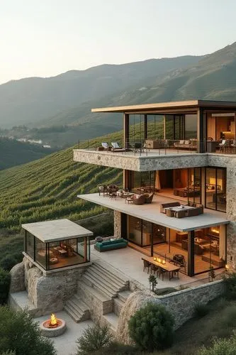 A modern villa built into the terraced slopes of a vineyard, with panoramic glass walls offering views of the surrounding grapevines and hills. The design incorporates open-air courtyards with shaded 