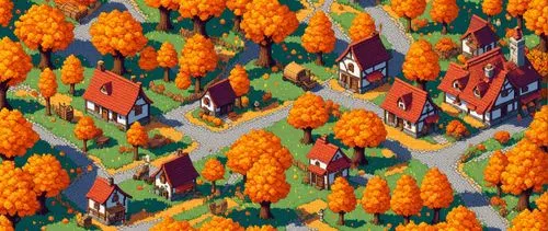 A small pixel art village nestled among vibrant autumn hills, with houses made of stone and brick under red and gold-leaved trees. Villagers stroll along cobblestone paths, while pixelated birds fly o