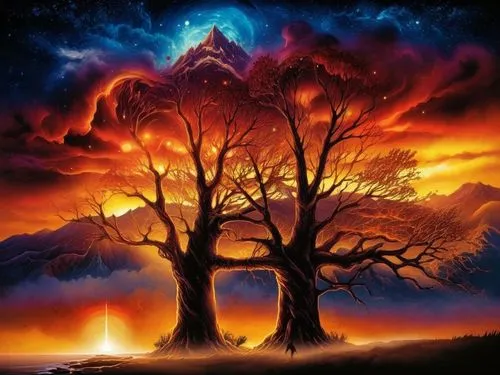 the painting shows a surreal tree in the midst of a mountain,burning tree trunk,tree of life,colorful tree of life,magic tree,fantasy picture,fantasy landscape,baobabs,burning bush,fantasy art,volcani