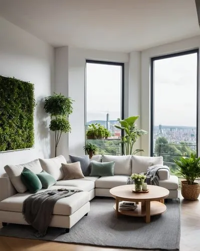 modern and stylish interior of a living room with large panoramic windows, through which you can see the green garden and the cityscape in the background. The living room should have: Two long white s