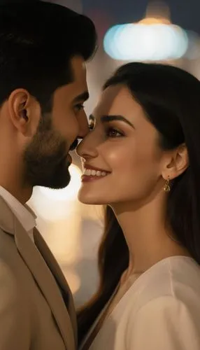 
A handsome young Arab man, light olive skin, sharp jawline, soft beard, expressive brown eyes, stylish black hair, wearing elegant casual clothes in neutral tones, cinematic romantic aura.
A beautifu
