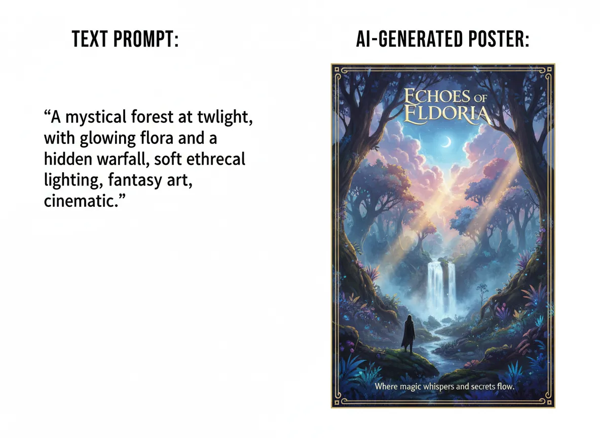 एक साथ-साथ तुलना जो एक सरल टेक्स्ट प्रॉम्प्ट और उसके परिणामस्वरूप एक फंतासी परिदृश्य पर कोमल, अलौकिक प्रकाश प्रभाव वाले AI-जनित पोस्टर को दिखाती है।