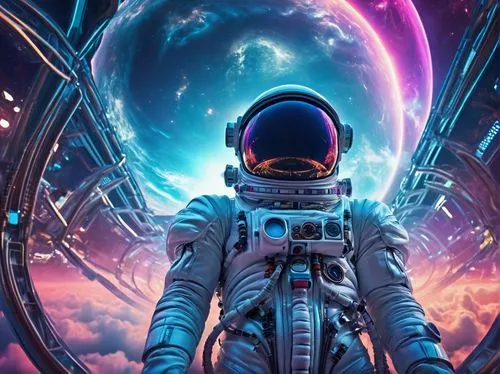 Futuristic space program architecture, sleek metallic structure, complex pipelines, intricate circuitry, holographic displays, neon lights, astronaut helmet, spacesuit, galaxy background, nebula cloud