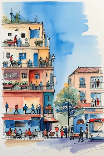 people in a crowded street are walking and hanging from the buildings,watercolor shops,watercolor cafe,colorful city,watercolors,watercolor,watercolor sketch,watercolor tea shop,tanneries,street scene