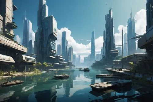  Game Scene, Wild angle view  Game Scene, Wild angle view a beautiful utopia  futuristic city, on the lake shore, modern  buildings,a river in the middle of a city with boats floating down it,futurist
