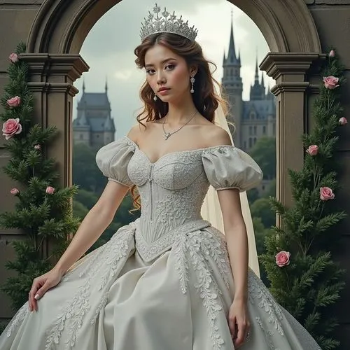 A photo-realistic shoot from a frontal camera angle about a beautiful woman in a silver wedding dress sitting elegantly in an archway surrounded by greenery, with a castle in the background. on the mi