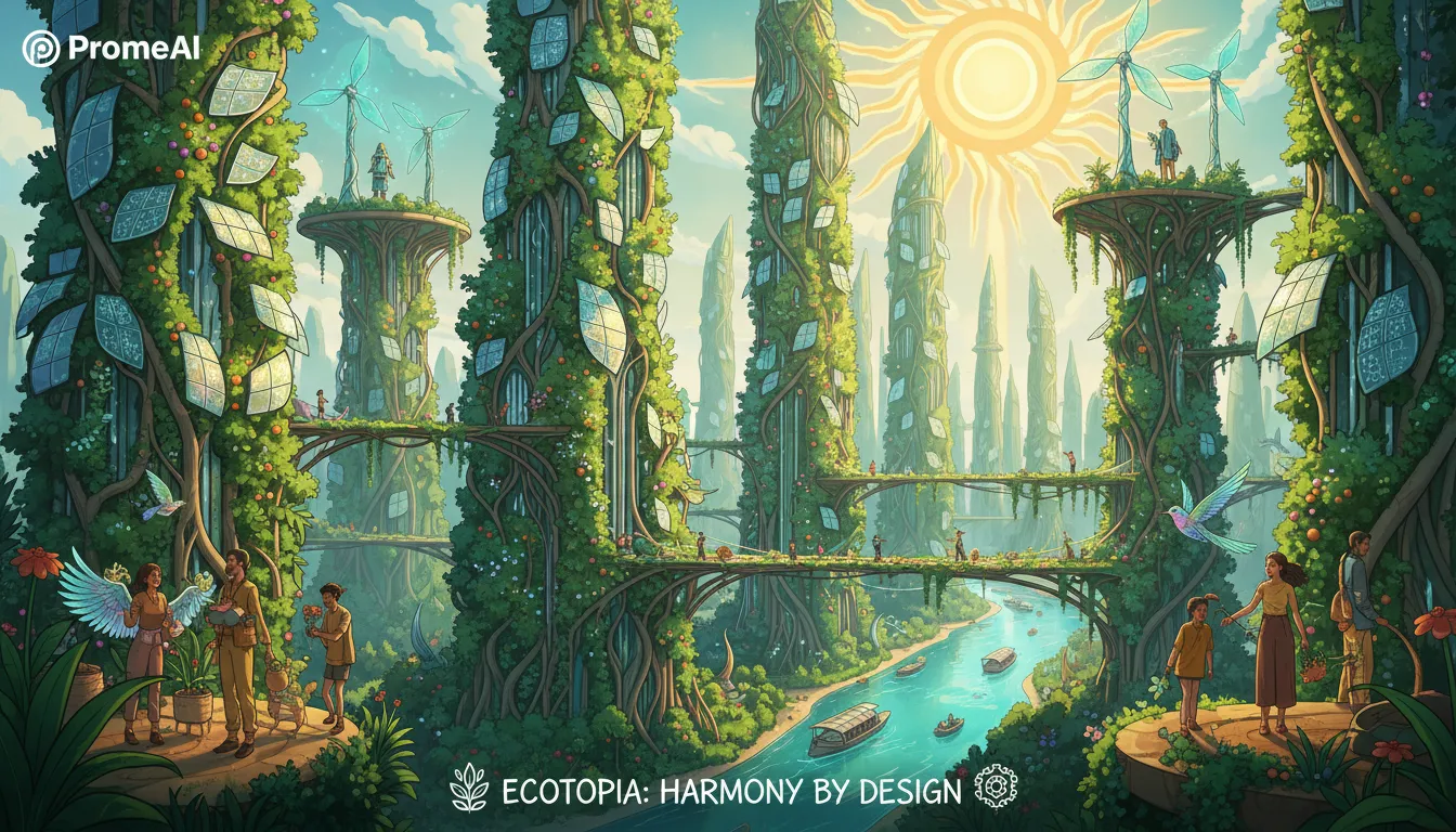 Un poster Solarpunk vibrante e dettagliato creato con PromeAI, che mostra una città futuristica con lussureggianti giardini verticali, fonti di energia pulita e persone che coesistono con la natura.