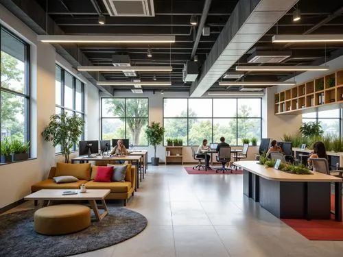 Modern open-plan office, sleek minimalist decor, ergonomic furniture, collaborative workspaces, acoustic panels, natural materials, abundant daylight, LED lighting, versatile modular layouts, optimize
