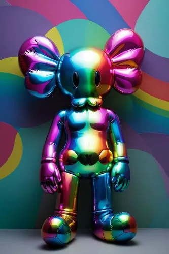 Create a minimal stuffed animal character, in style of Kaws Art,an aluminum art object that is colored rainbow and blue,rubber doll,color rat,soft robot,rainbow rabbit,rainbow background,metal figure,