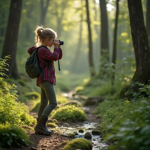 A nature-loving teenage girl hiking through a lush forest, with a camera slung around her neck. She’s wearing a plaid shirt, sturdy boots, and a backpack. She pauses to take a photo of a small stream,