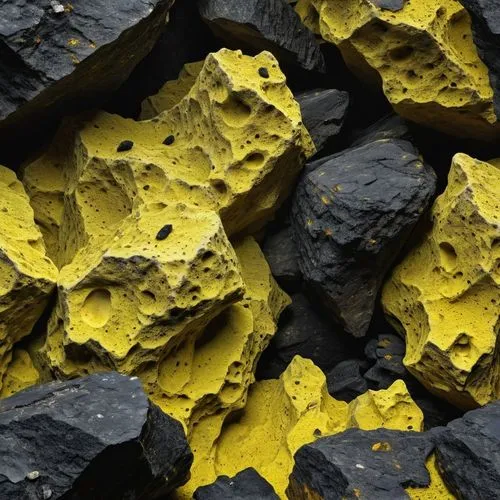 roccia spaccata nera con all'interno minerali giallo fluorescente,yellow rock formations are piled neatly together,carbonaceous,pitchblende,petrographic,volcanic rock,bitumen,sulfur,polycrystalline,ag