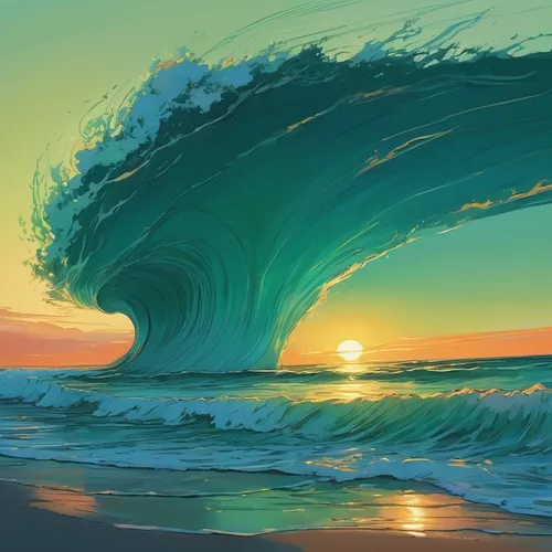 Describe a peaceful sea green beach at sunrise.,big wave,wave,ocean waves,wind wave,japanese waves,tidal wave,big waves,wave pattern,tsunami,water waves,waves,wave motion,japanese wave,shorebreak,bow 