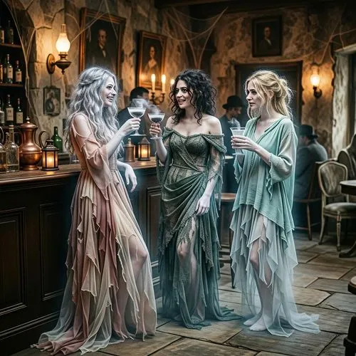 a brightly lit photo of 3 ethereal very sexy young women ghosts having a drink standing at a spooky bar, the woman wear sexy revealing ripped flowing clothing and are in various states of undress, som