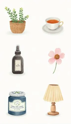 A charming and soothing arrangement of (watercolor:1.3) illustrations that evoke feelings of tranquility and comfort.
Top Row:
Left: A small green plant in a woven basket, symbolizing nature and grow