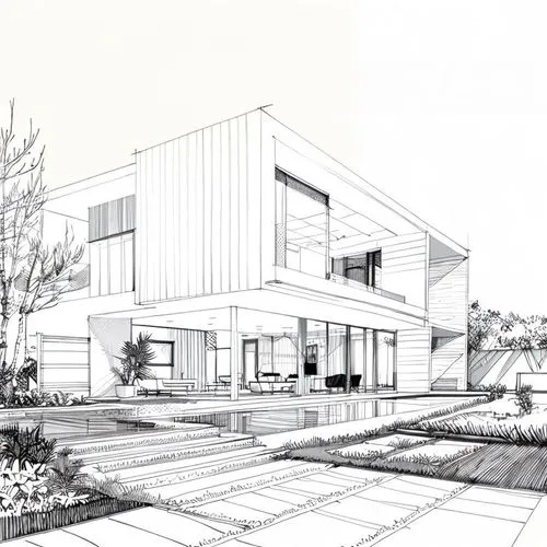 Modern Villa,a sketch of a modern house sitting on top of a lot,sketchup,revit,passivhaus,3d rendering,house drawing,renderings