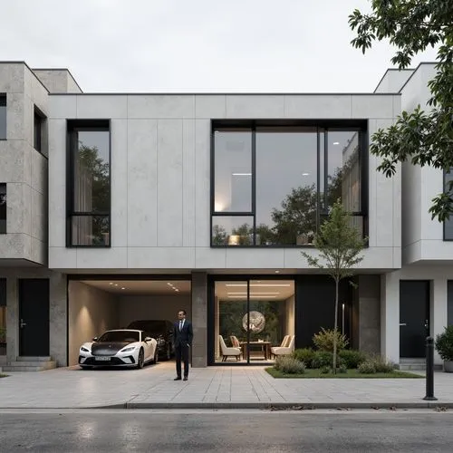 Clean minimalist facade, simple rectangular forms, neutral color palette, large glass windows, slim metal frames, hidden LED lighting, subtle texture variations, industrial materials, brutalist concre