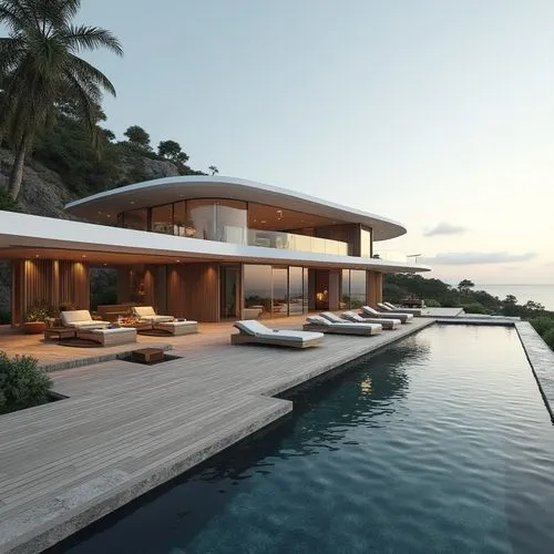Develop a villa inspired by yacht design, with sleek curves, polished wood interiors, and wraparound terraces,a nice house with a huge swimming pool in front,luxury property,luxury home,house by the w