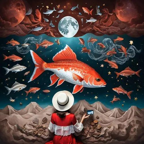 A detailed digital illustration of a great red fish in the night sky. The focal point is the large brown scales of the fish, with the human hand on the roof and the woman who wears a white hat sitting