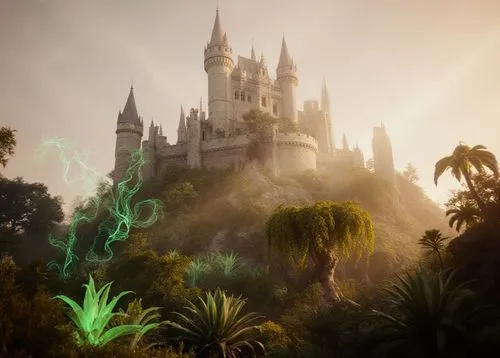 Cinematic picture of a near-fantastical castle integrated with nature, glowing soft warm light, surreal lush gardens with oversized plants and glowing flora, ethereal atmosphere.,a castle with lots of