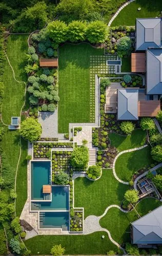 Landscape Design,an aerial view shows the home and its surroundings,landscaped,green lawn,landscape designers sydney,japan garden,golf lawn,suburban,japanese zen garden,jeju,garden design sydney,lands