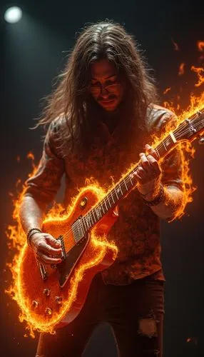 realistic guitarist plays with a burning guitar,a man is playing with his guitar on fire,guitar solo,testament,molten,pyromania,eruption,virtuoso,incinerate,electric guitar,lake of fire,hellfire,conce