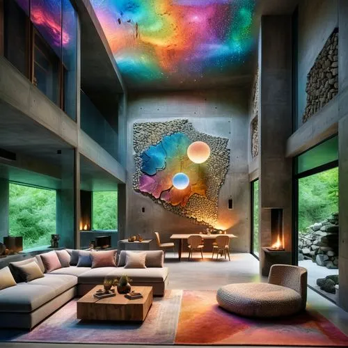 A modern living room space, inspired by Ukrainian design style, with a floor height of 5 meters, considering the relationship between space and people and the environment, and the lighting effect duri