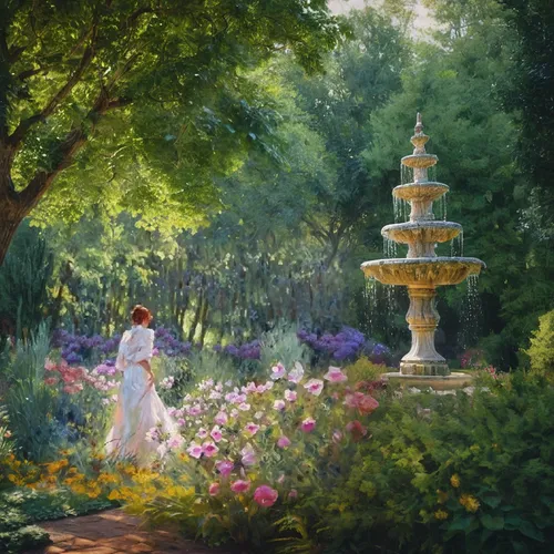 oil painting with brush texture, romantic, peaceful, a royal garden with a fountain,girl in the garden,english garden,girl picking flowers,garden of the fountain,flower garden,secret garden of venus,g
