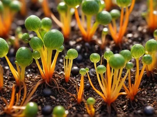 Seeds, botanical garden, various species, intricate details, tiny roots, sprouts, soil, water droplets, sunlight, warm atmosphere, close-up, macro photography, shallow depth of field, vibrant colors, 
