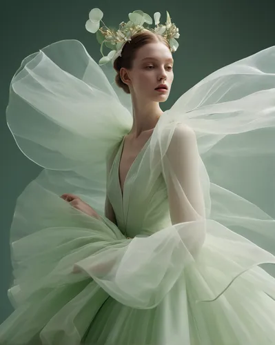 Fashion design, a model have porcelain liked white skin, sheer tulle fabric, outlandish silhouettes, wearing conceptual simple jewels, Tim Walker photography, 8K, high quality, atmosphere light, model