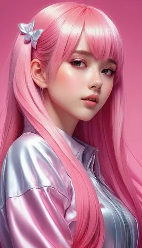 High resolution, Beautiful anime girl with long straight pink hair and bangs, touching her face with both hands, wearing shiny clothes on pink background, Artgerm style high quality, kawaii manga styl