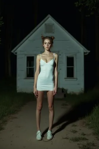 This is a nighttime photograph featuring a young woman standing on a dirt path in front of a dilapidated, white, single-story house. The woman, who appears to be in her late teens or early twenties, h