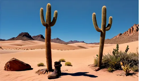 Desert landscape, sandy dunes, endless horizon, clear blue sky, hot sun, subtle shadows, detailed rock formations, cactus plants, abandoned wooden signpost, old boots, worn-out leather belt, rusty met