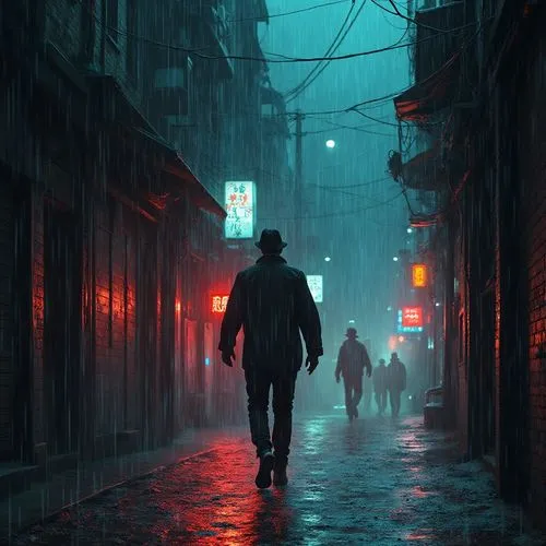 Create a cinematic image of a high-stakes chase through a Blade Runner-esque labyrinth of alleys and rain-soaked avenues. A determined detective, silhouetted against a cascade of neon reflections, rac