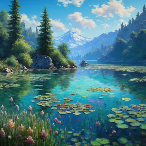 Craft a peaceful and ambient music track inspired by Aqua Studio.,landscape background,river landscape,underwater landscape,alpine lake,fantasy landscape,mountain lake,nature landscape,salt meadow lan