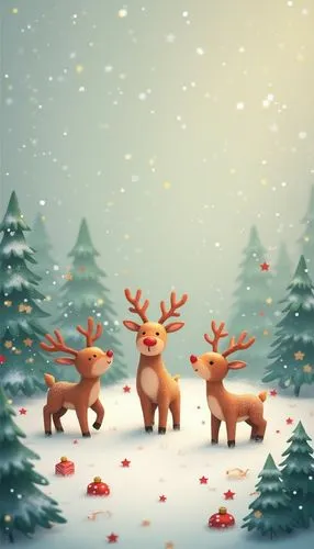 A childlike Christmas wallpaper featuring reindeer, styled with soft gradients tones, evoking a festive and cheerful atmosphere.,two large reindeers are in the snow with pine trees,christmas snowy bac