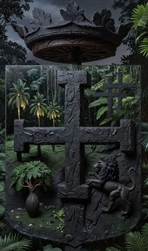 a black statue with some plants around it,wishing well,vivarium,diorama,terrarium,zen garden,dioramas,cartoon video game background,stone fountain,moor fountain,garden pond,frog background,background