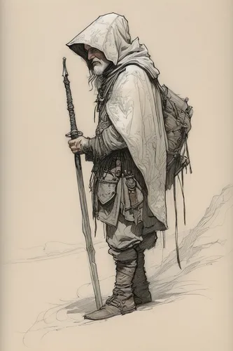 a medieval peasant white background carbon sketch by Sergio Toppi & Tony Diterlizzi ,the wanderer,eskimo,nomad,dwarf sundheim,mountain guide,nomads,bedouin,adventurer,wanderer,pilgrim,peddler,fiddler,